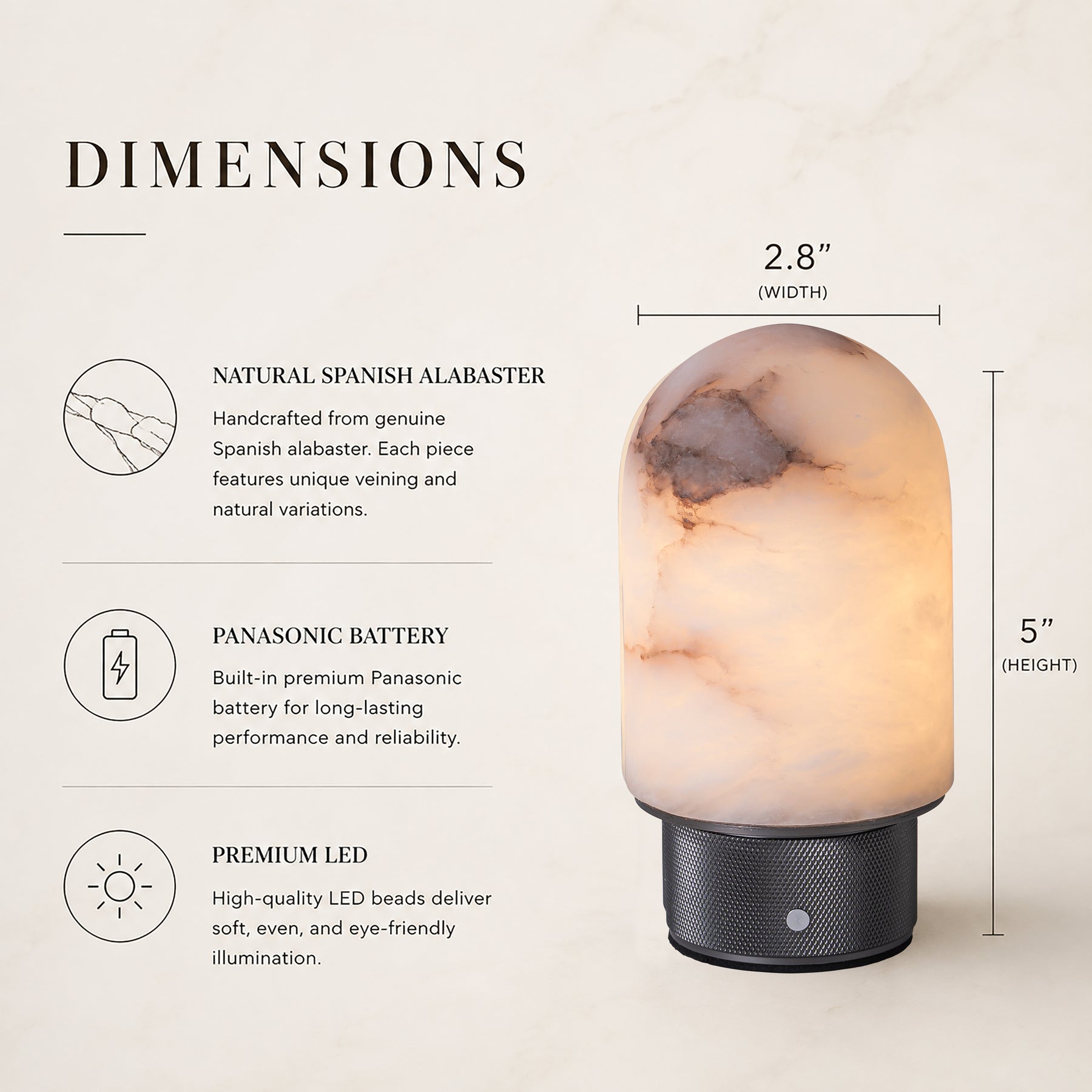 Natural Spanish Alabaster Cordless Rechargeable Dome Table Lamp with 3-Level Dimmable Flicker-Free LED and Long-Lasting Battery Bedside Lamp