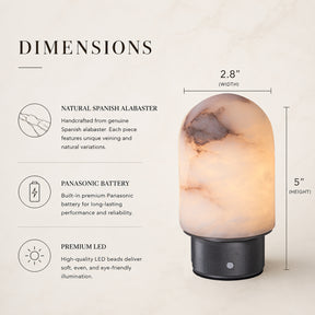 Natural Spanish Alabaster Cordless Rechargeable Dome Table Lamp with 3-Level Dimmable Flicker-Free LED and Long-Lasting Battery Bedside Lamp