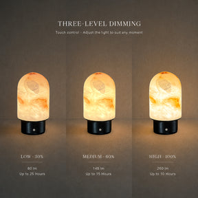 Natural Spanish Alabaster Cordless Rechargeable Dome Table Lamp with 3-Level Dimmable Flicker-Free LED and Long-Lasting Battery Bedside Lamp