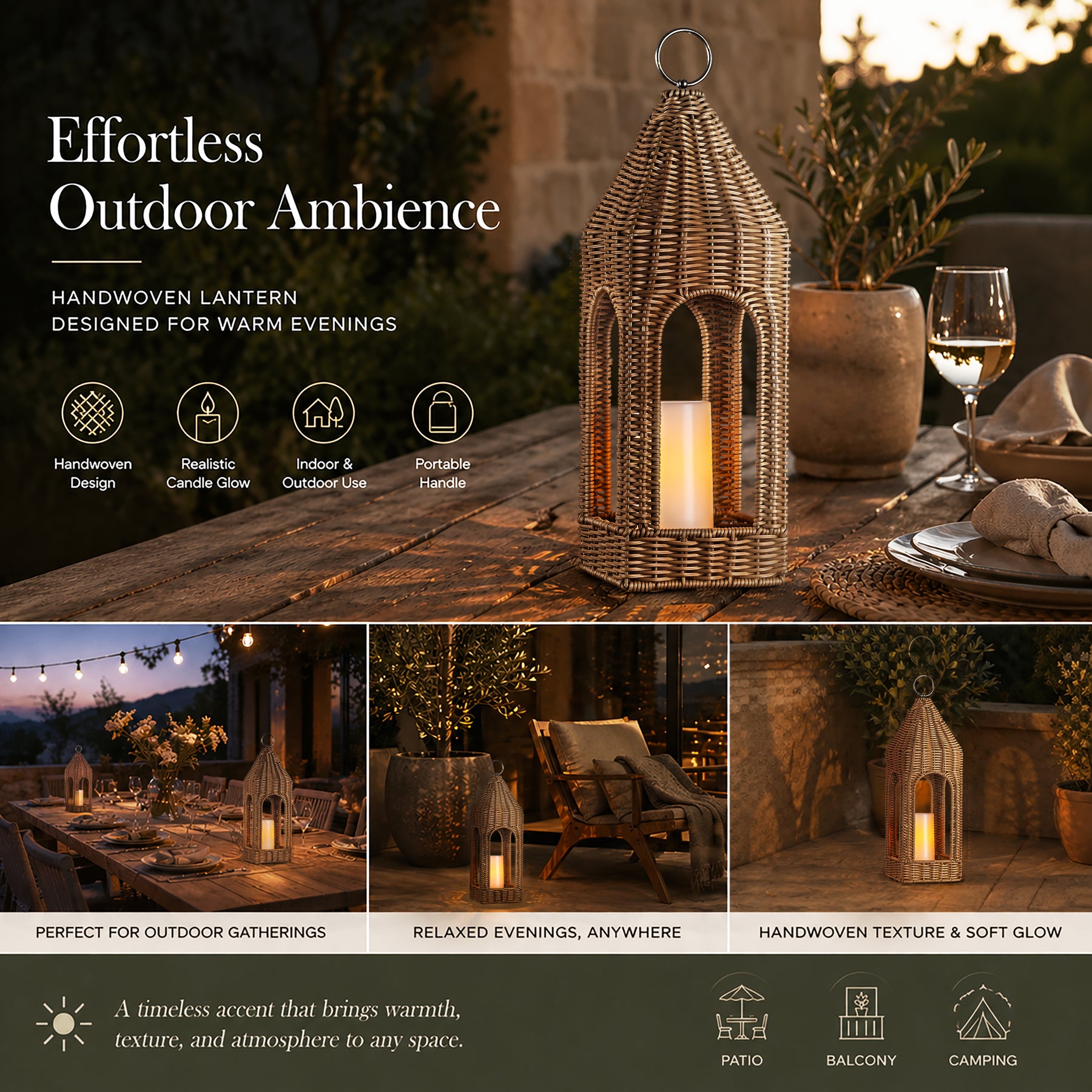 H17 Inch Natural Rattan Solar Lantern with LED Flameless Candle Handwoven Wicker Decorative Lantern for Tabletop Patio Porch Farmhouse Indoor Outdoor Decor