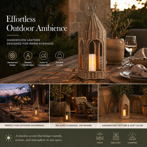 H17 Inch Natural Rattan Solar Lantern with LED Flameless Candle Handwoven Wicker Decorative Lantern for Tabletop Patio Porch Farmhouse Indoor Outdoor Decor