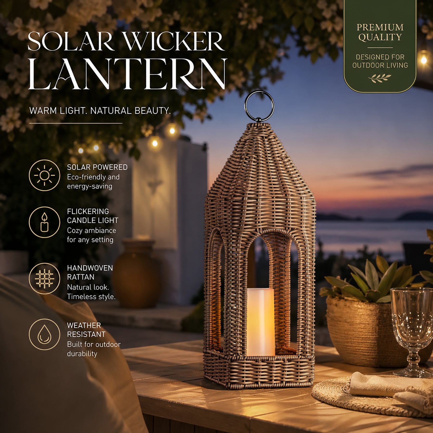 H17 Inch Natural Rattan Solar Lantern with LED Flameless Candle Handwoven Wicker Decorative Lantern for Tabletop Patio Porch Farmhouse Indoor Outdoor Decor