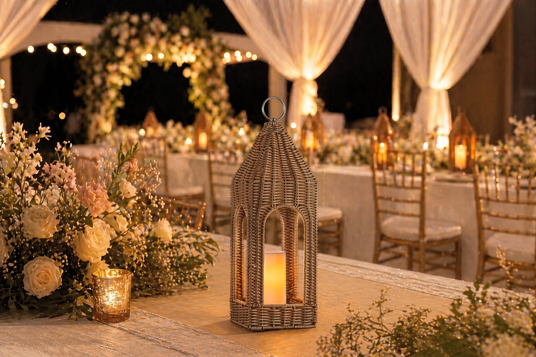 H17 Inch Natural Rattan Solar Lantern with LED Flameless Candle Handwoven Wicker Decorative Lantern for Tabletop Patio Porch Farmhouse Indoor Outdoor Decor