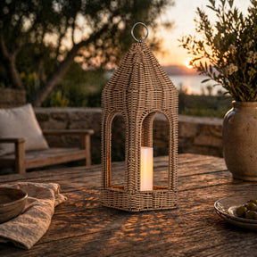 H17 Inch Natural Rattan Solar Lantern with LED Flameless Candle Handwoven Wicker Decorative Lantern for Tabletop Patio Porch Farmhouse Indoor Outdoor Decor