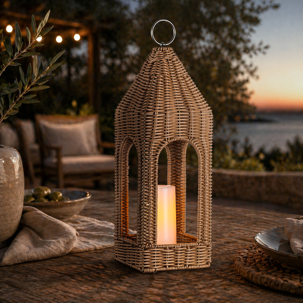 H17 Inch Natural Rattan Solar Lantern with LED Flameless Candle Handwoven Wicker Decorative Lantern for Tabletop Patio Porch Farmhouse Indoor Outdoor Decor