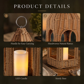 H17 Inch Natural Rattan Solar Lantern with LED Flameless Candle Handwoven Wicker Decorative Lantern for Tabletop Patio Porch Farmhouse Indoor Outdoor Decor