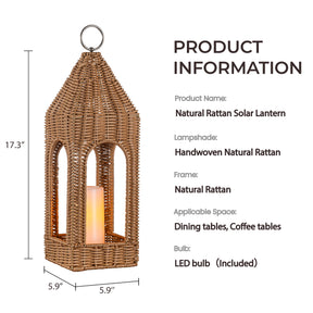 H17 Inch Natural Rattan Solar Lantern with LED Flameless Candle Handwoven Wicker Decorative Lantern for Tabletop Patio Porch Farmhouse Indoor Outdoor Decor