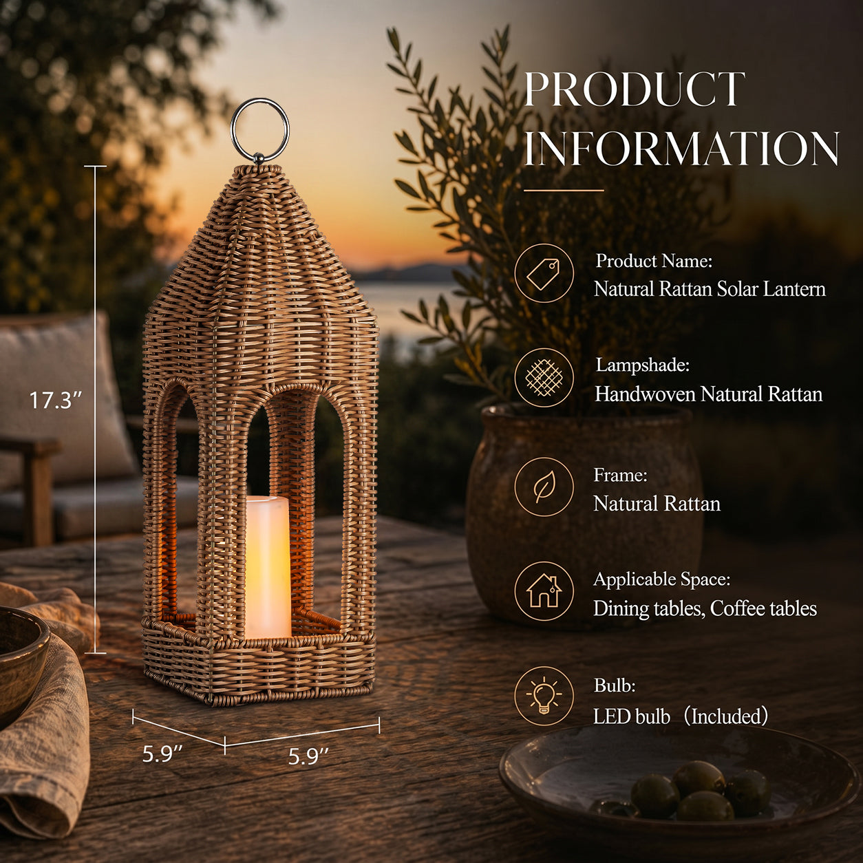 H17 Inch Natural Rattan Solar Lantern with LED Flameless Candle Handwoven Wicker Decorative Lantern for Tabletop Patio Porch Farmhouse Indoor Outdoor Decor