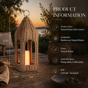 H17 Inch Natural Rattan Solar Lantern with LED Flameless Candle Handwoven Wicker Decorative Lantern for Tabletop Patio Porch Farmhouse Indoor Outdoor Decor