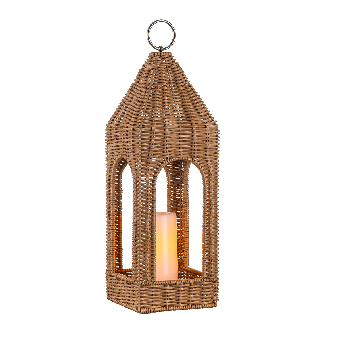 H17 Inch Natural Rattan Solar Lantern with LED Flameless Candle Handwoven Wicker Decorative Lantern for Tabletop Patio Porch Farmhouse Indoor Outdoor Decor