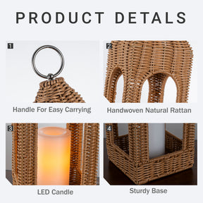 H17 Inch Natural Rattan Solar Lantern with LED Flameless Candle Handwoven Wicker Decorative Lantern for Tabletop Patio Porch Farmhouse Indoor Outdoor Decor