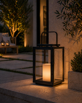 H12 Inch Modern Solar Outdoor Lantern with Flickering LED Candle Black Metal Lantern with Tempered Glass, Minimalist Decorative Lantern for Patio Porch Garden