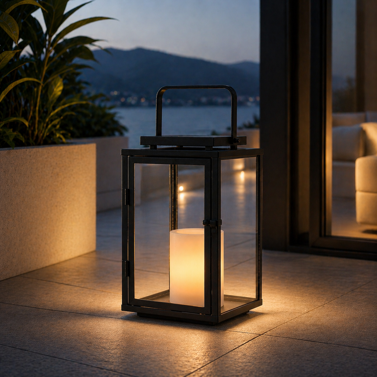 H12 Inch Modern Solar Outdoor Lantern with Flickering LED Candle Black Metal Lantern with Tempered Glass, Minimalist Decorative Lantern for Patio Porch Garden