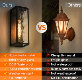 H13" 1-Light Modern Black Outdoor Wall Sconce with Water Ripple Glass and Dusk to Dawn Sensor Open Bottom Exterior Waterproof Porch Light Fixture for Garage Patio