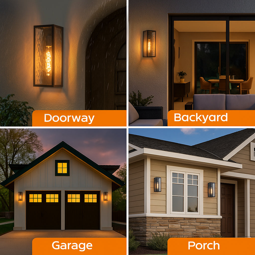 H13" 1-Light Modern Black Outdoor Wall Sconce with Water Ripple Glass and Dusk to Dawn Sensor Open Bottom Exterior Waterproof Porch Light Fixture for Garage Patio