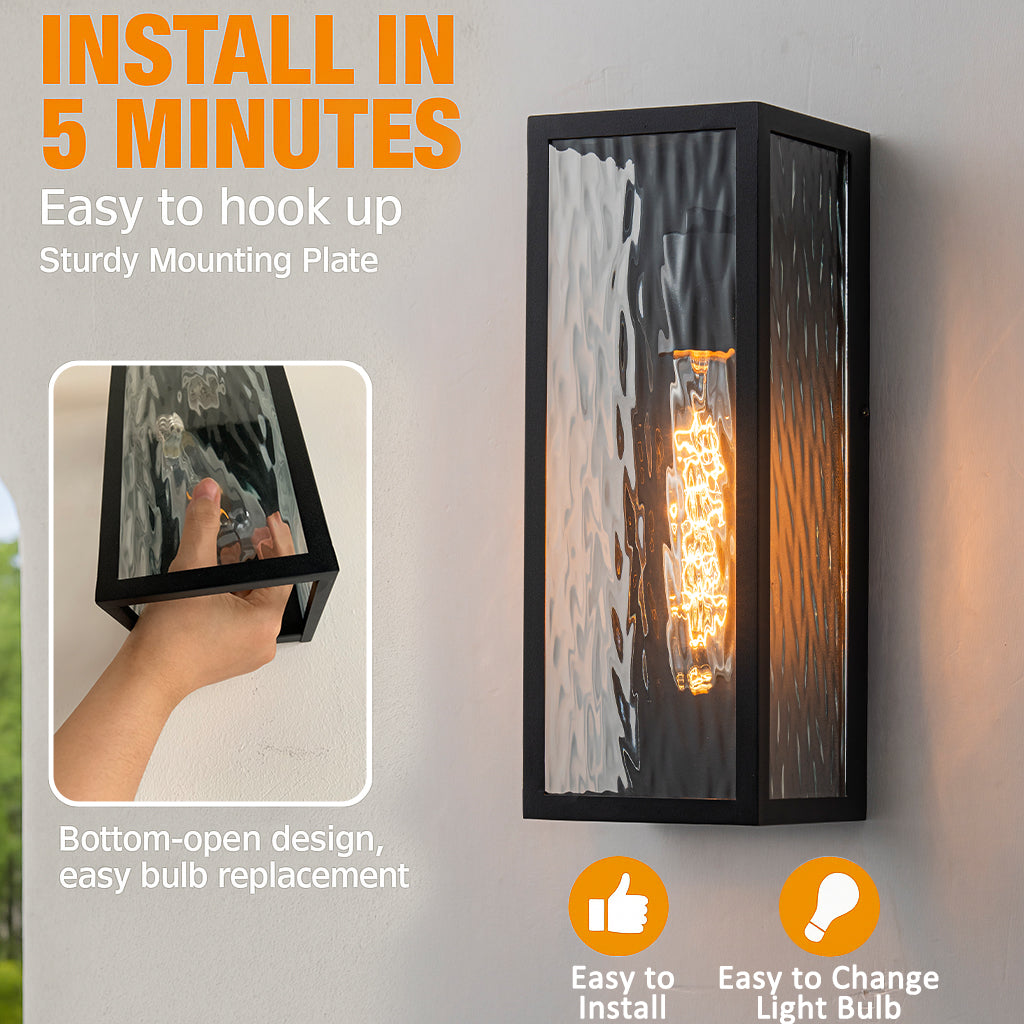 H13" 1-Light Modern Black Outdoor Wall Sconce with Water Ripple Glass and Dusk to Dawn Sensor Open Bottom Exterior Waterproof Porch Light Fixture for Garage Patio