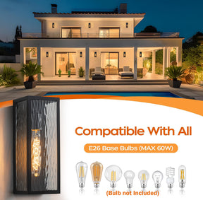 H13" 1-Light Modern Black Outdoor Wall Sconce with Water Ripple Glass and Dusk to Dawn Sensor Open Bottom Exterior Waterproof Porch Light Fixture for Garage Patio