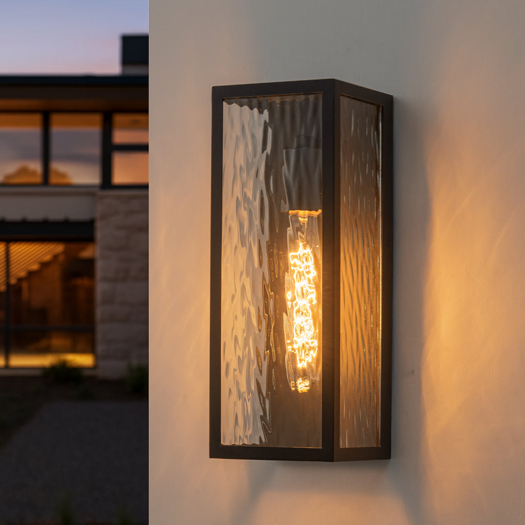 H13" 1-Light Modern Black Outdoor Wall Sconce with Water Ripple Glass and Dusk to Dawn Sensor Open Bottom Exterior Waterproof Porch Light Fixture for Garage Patio