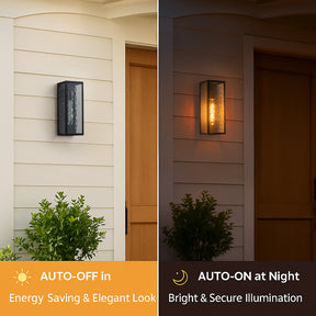 H13" 1-Light Modern Black Outdoor Wall Sconce with Water Ripple Glass and Dusk to Dawn Sensor Open Bottom Exterior Waterproof Porch Light Fixture for Garage Patio