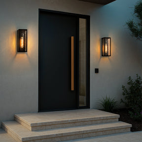 H13" 1-Light Modern Black Outdoor Wall Sconce with Water Ripple Glass and Dusk to Dawn Sensor Open Bottom Exterior Waterproof Porch Light Fixture for Garage Patio