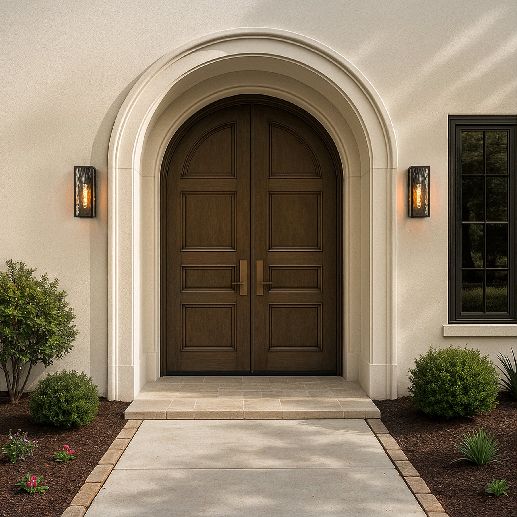 H13" 1-Light Modern Black Outdoor Wall Sconce with Water Ripple Glass and Dusk to Dawn Sensor Open Bottom Exterior Waterproof Porch Light Fixture for Garage Patio