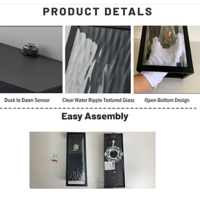 H13" 1-Light Modern Black Outdoor Wall Sconce with Water Ripple Glass and Dusk to Dawn Sensor Open Bottom Exterior Waterproof Porch Light Fixture for Garage Patio