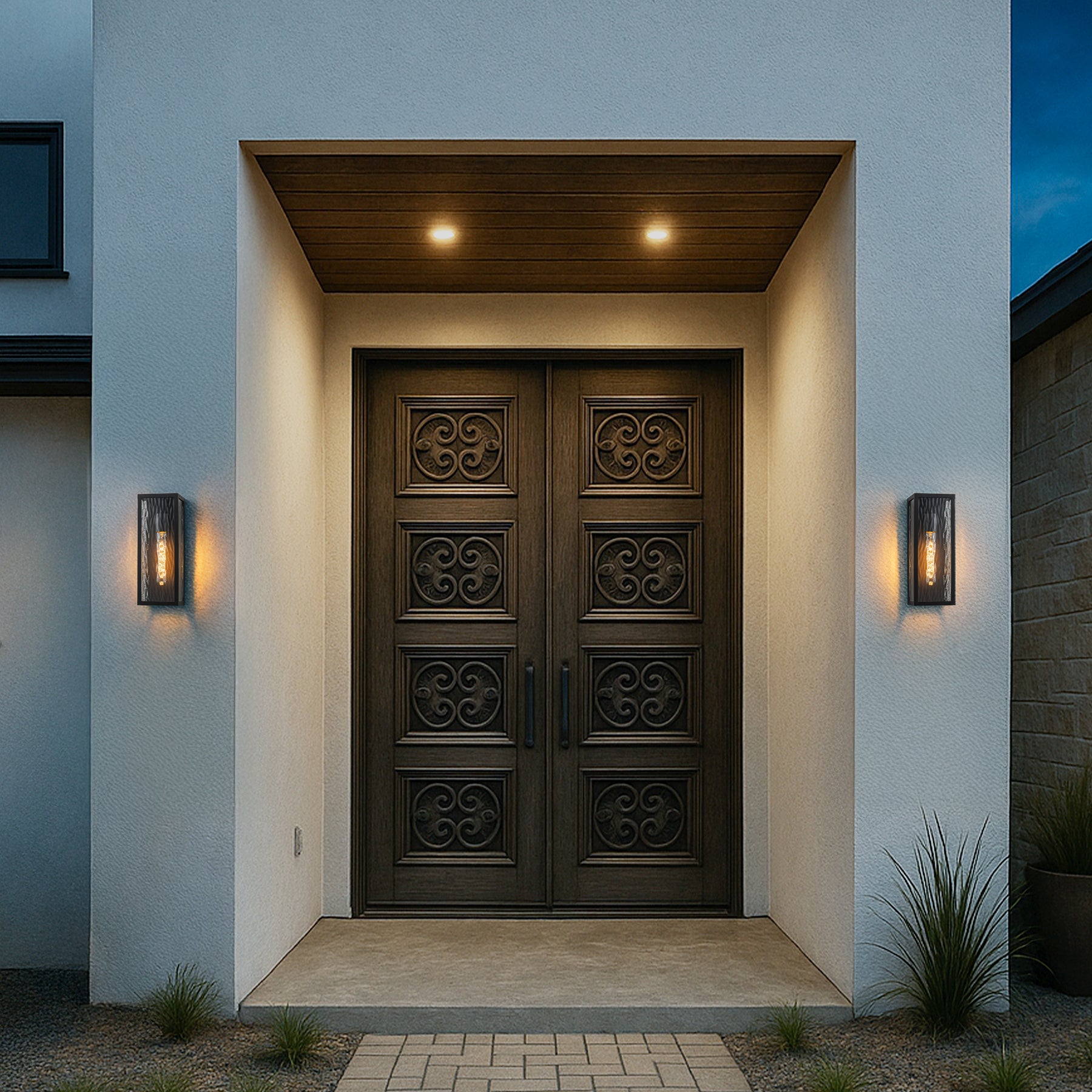 H13" 1-Light Modern Black Outdoor Wall Sconce with Water Ripple Glass and Dusk to Dawn Sensor Open Bottom Exterior Waterproof Porch Light Fixture for Garage Patio