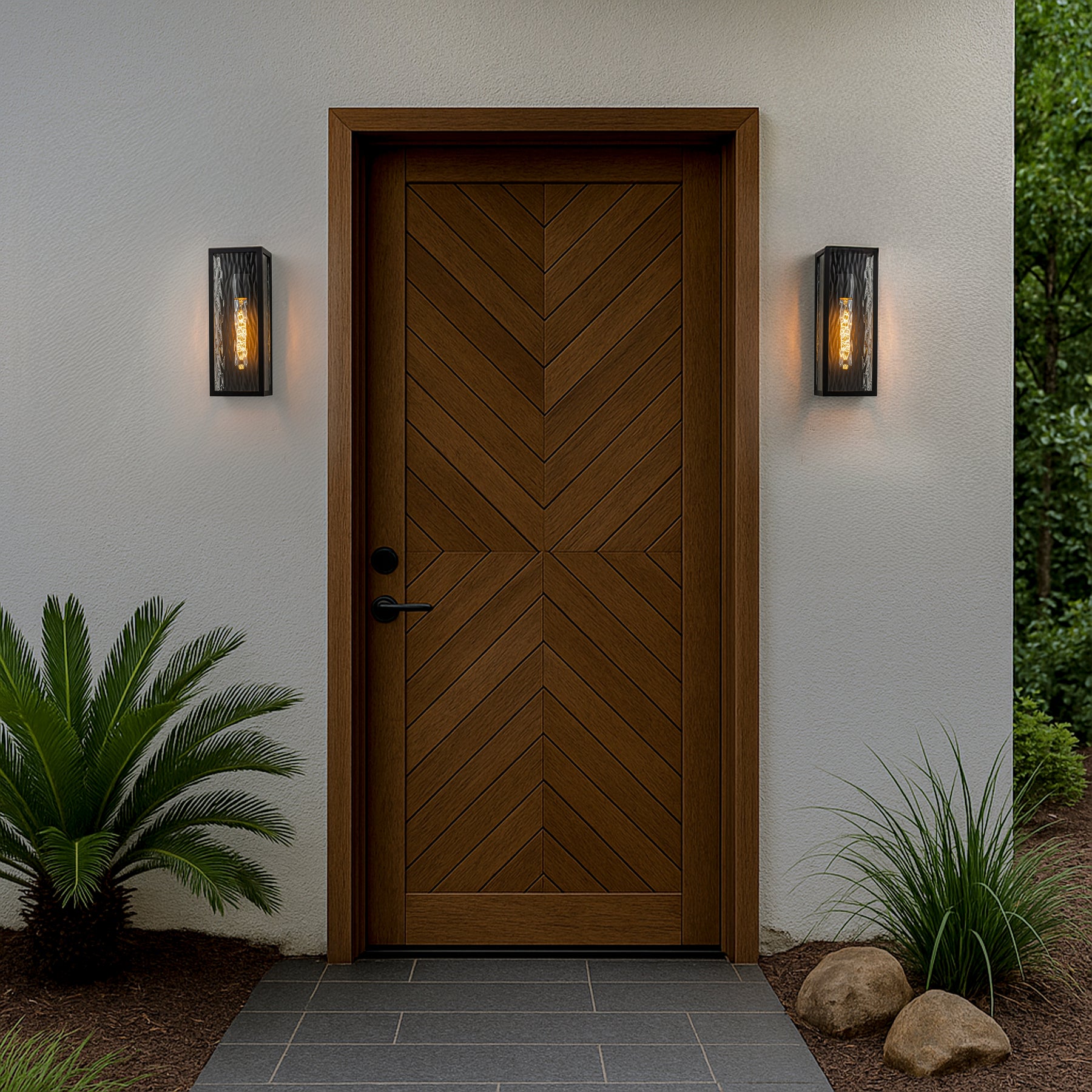 H13" 1-Light Modern Black Outdoor Wall Sconce with Water Ripple Glass and Dusk to Dawn Sensor Open Bottom Exterior Waterproof Porch Light Fixture for Garage Patio