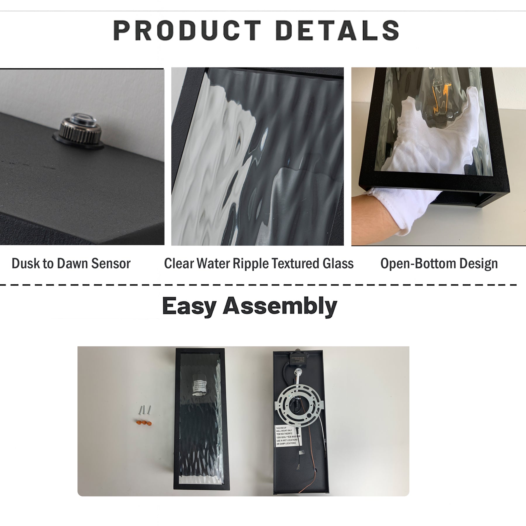 H13" 1-Light Modern Black Outdoor Wall Sconce with Water Ripple Glass and Dusk to Dawn Sensor Open Bottom Exterior Waterproof Porch Light Fixture for Garage Patio