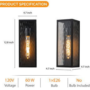 H13" 1-Light Modern Black Outdoor Wall Sconce with Water Ripple Glass and Dusk to Dawn Sensor Open Bottom Exterior Waterproof Porch Light Fixture for Garage Patio
