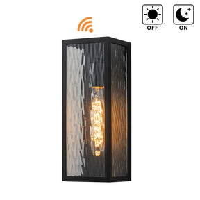 H13" 1-Light Modern Black Outdoor Wall Sconce with Water Ripple Glass and Dusk to Dawn Sensor Open Bottom Exterior Waterproof Porch Light Fixture for Garage Patio