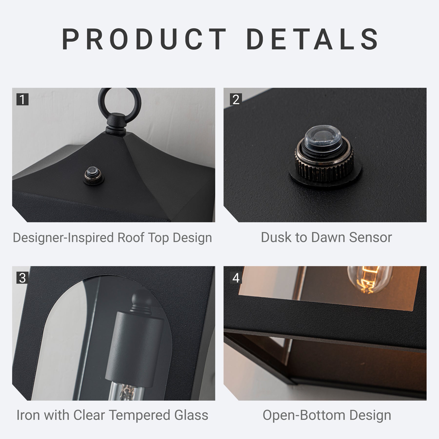 H16" 1-Light Unique/Statement Dusk to Dawn Outdoor Wall Light with Clear Glass Farmhouse Black Exterior Wall Sconce with Open Bottom Waterproof Porch Light Fixture for Garage