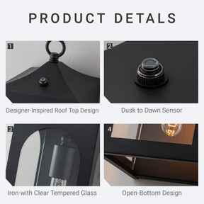 H16" 1-Light Unique/Statement Dusk to Dawn Outdoor Wall Light with Clear Glass Farmhouse Black Exterior Wall Sconce with Open Bottom Waterproof Porch Light Fixture for Garage