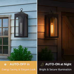 H16" 1-Light Unique/Statement Dusk to Dawn Outdoor Wall Light with Clear Glass Farmhouse Black Exterior Wall Sconce with Open Bottom Waterproof Porch Light Fixture for Garage