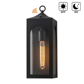 H16" 1-Light Unique/Statement Dusk to Dawn Outdoor Wall Light with Clear Glass Farmhouse Black Exterior Wall Sconce with Open Bottom Waterproof Porch Light Fixture for Garage