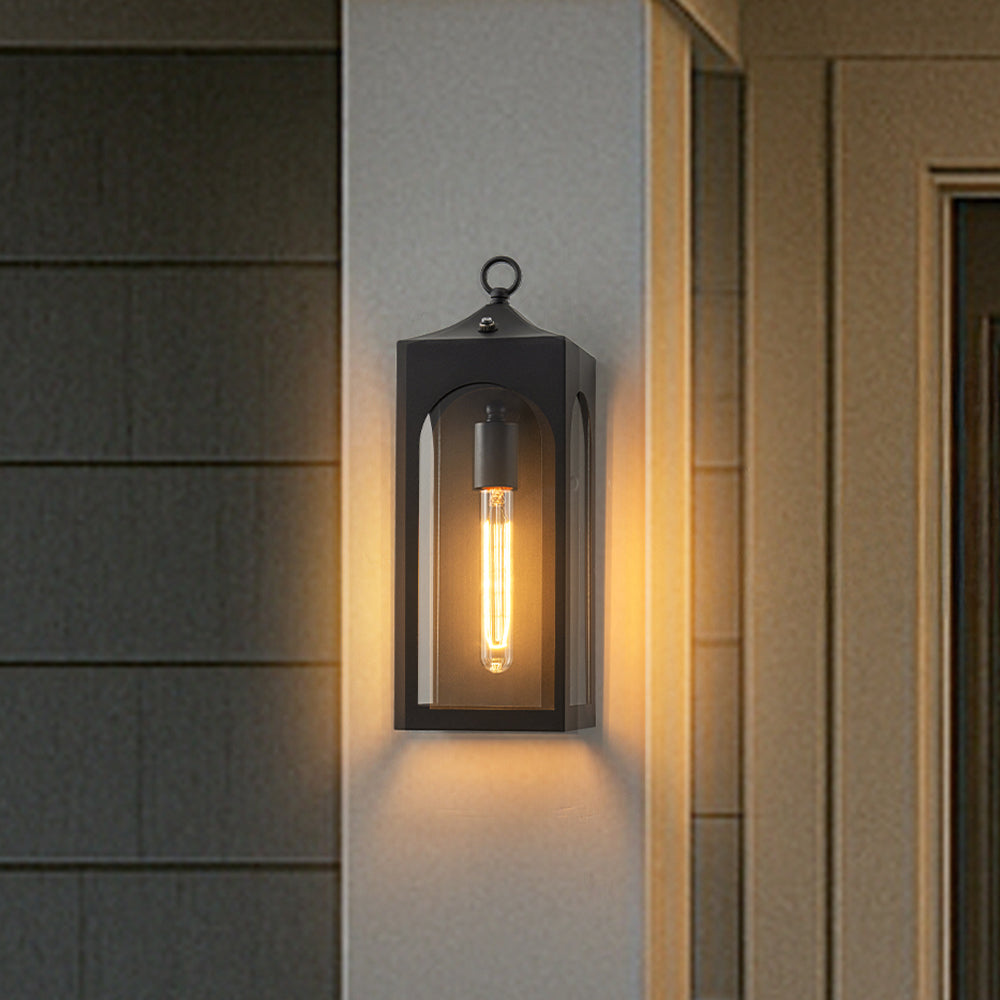 H16" 1-Light Unique/Statement Dusk to Dawn Outdoor Wall Light with Clear Glass Farmhouse Black Exterior Wall Sconce with Open Bottom Waterproof Porch Light Fixture for Garage