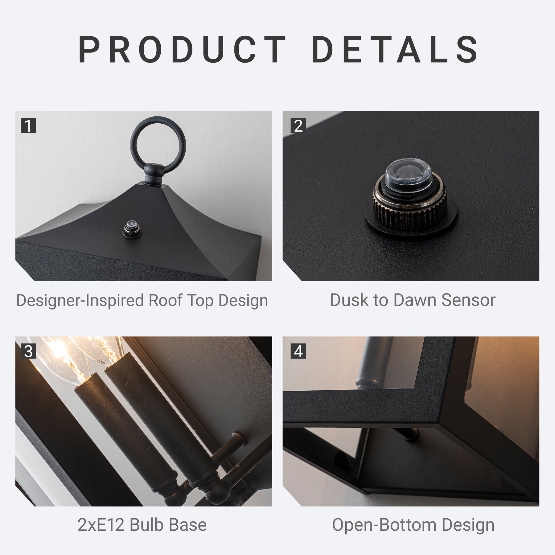 H20" 2-Lights Large Dusk to Dawn Outdoor Wall Lantern Unique/Statement Black Exterior Wall Sconce with Dual Candle Lights and Roof Top Design for Entryway Garage