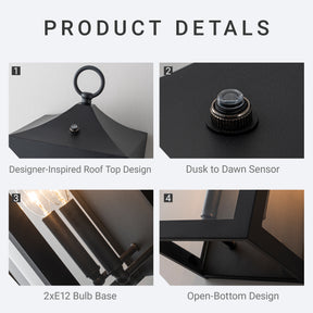 H20" 2-Lights Large Dusk to Dawn Outdoor Wall Lantern Unique/Statement Black Exterior Wall Sconce with Dual Candle Lights and Roof Top Design for Entryway Garage