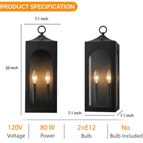 H20" 2-Lights Large Dusk to Dawn Outdoor Wall Lantern Unique/Statement Black Exterior Wall Sconce with Dual Candle Lights and Roof Top Design for Entryway Garage