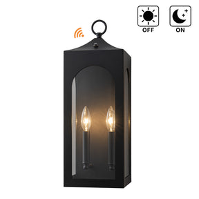 H20" 2-Lights Large Dusk to Dawn Outdoor Wall Lantern Unique/Statement Black Exterior Wall Sconce with Dual Candle Lights and Roof Top Design for Entryway Garage
