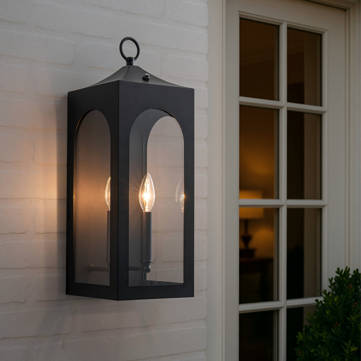 H20" 2-Lights Large Dusk to Dawn Outdoor Wall Lantern Unique/Statement Black Exterior Wall Sconce with Dual Candle Lights and Roof Top Design for Entryway Garage