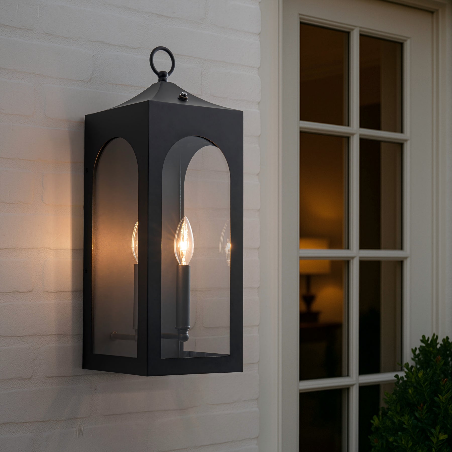 H20" 2-Lights Large Dusk to Dawn Outdoor Wall Lantern Unique/Statement Black Exterior Wall Sconce with Dual Candle Lights and Roof Top Design for Entryway Garage