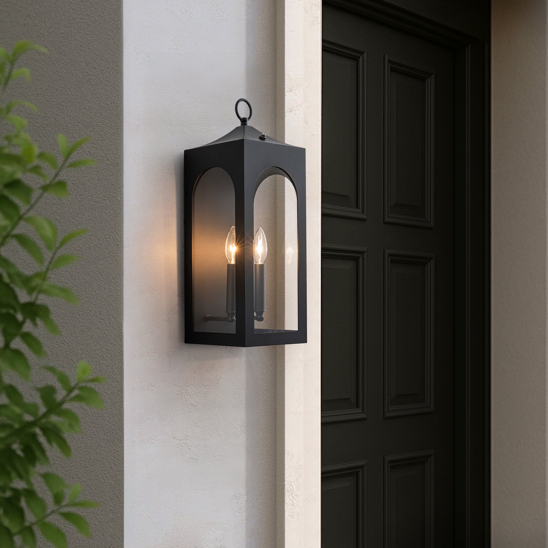 H20" 2-Lights Large Dusk to Dawn Outdoor Wall Lantern Unique/Statement Black Exterior Wall Sconce with Dual Candle Lights and Roof Top Design for Entryway Garage