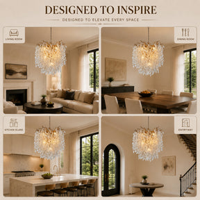 11-Light 22'' Modern Branch Chandelier with Glass Leaves in Painted Brass for Dining Room and Entryway