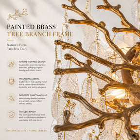 11-Light 22'' Modern Branch Chandelier with Glass Leaves in Painted Brass for Dining Room and Entryway