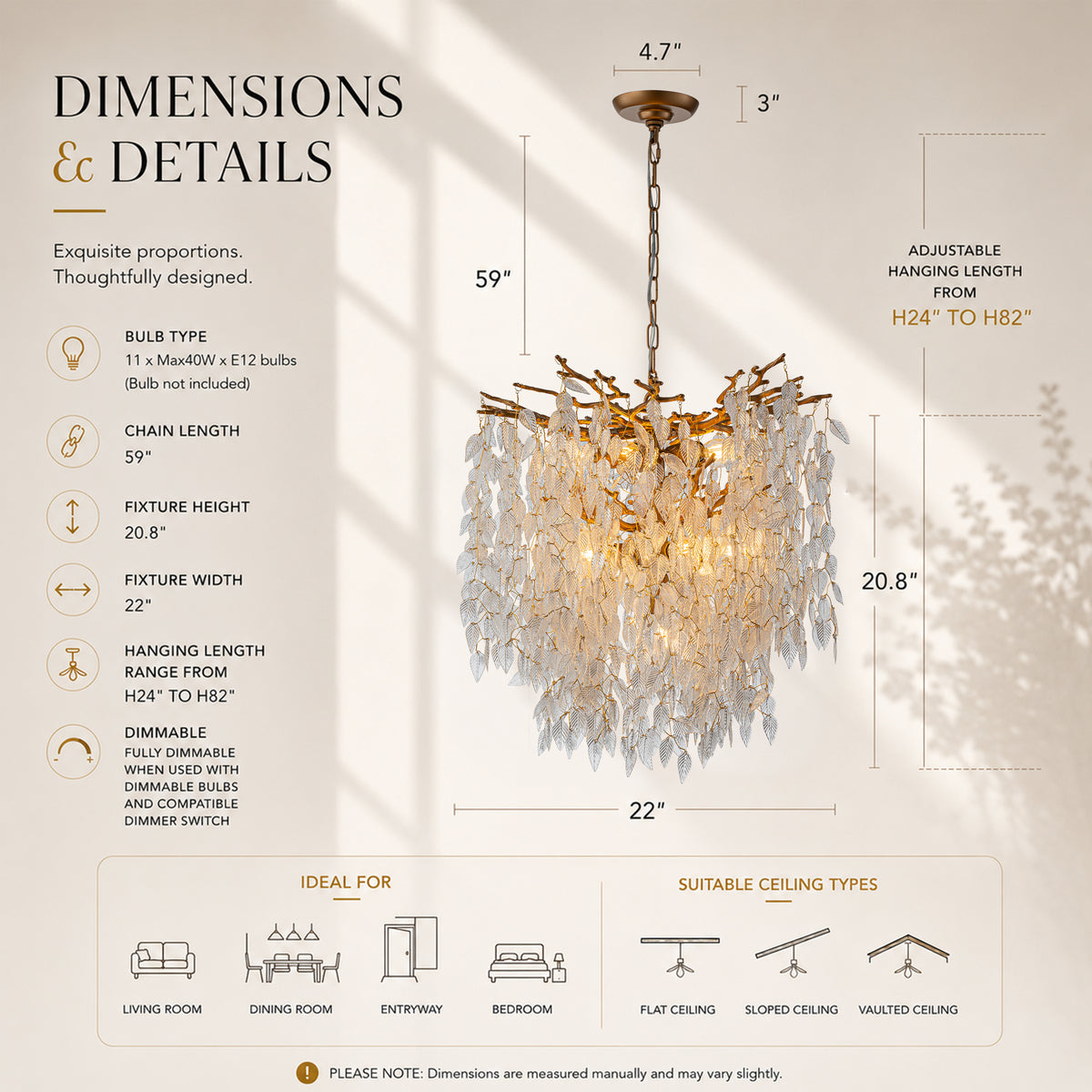 11-Light 22'' Modern Branch Chandelier with Glass Leaves in Painted Brass for Dining Room and Entryway