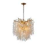 11-Light 22'' Modern Branch Chandelier with Glass Leaves in Painted Brass for Dining Room and Entryway
