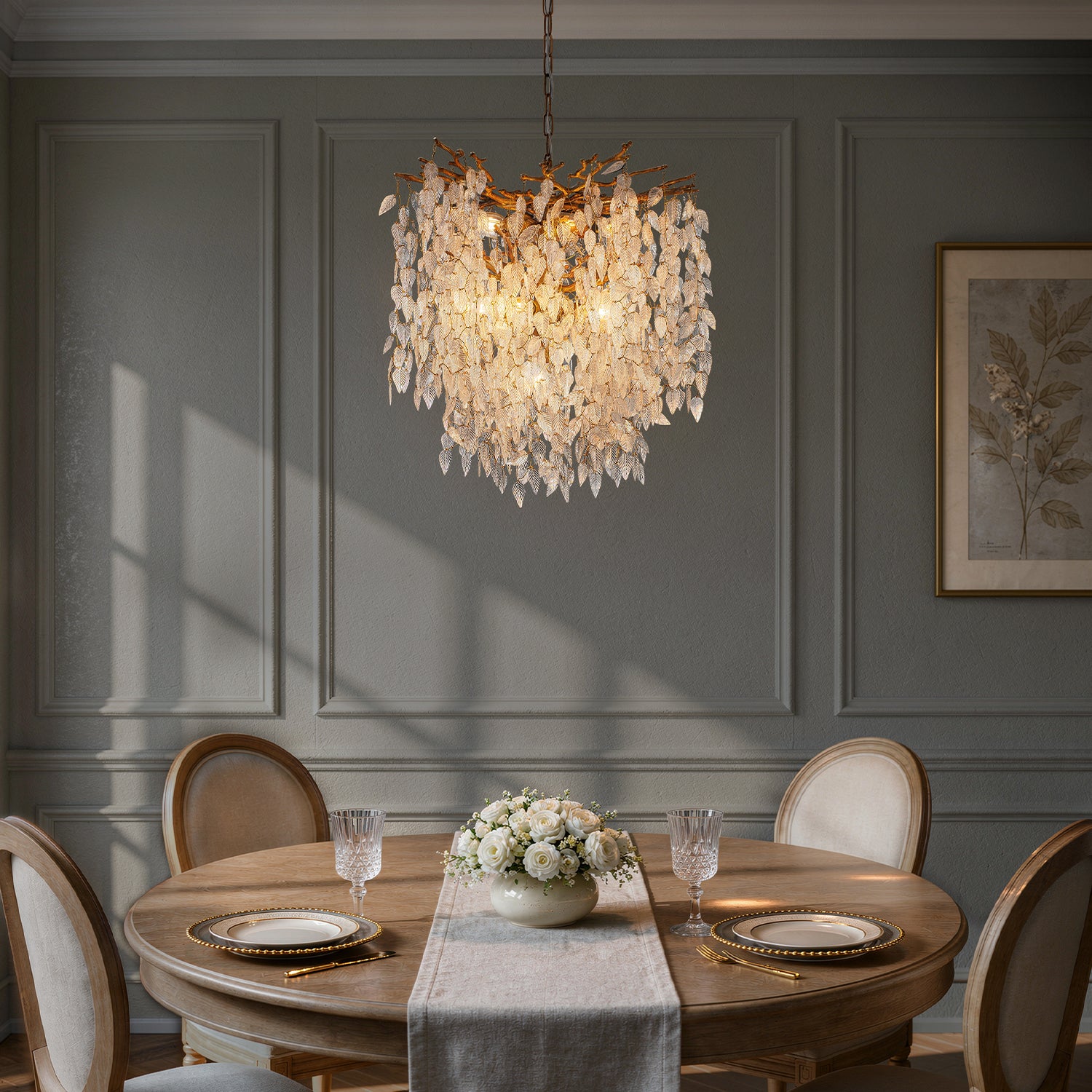 11-Light 22'' Modern Branch Chandelier with Glass Leaves in Painted Brass for Dining Room and Entryway