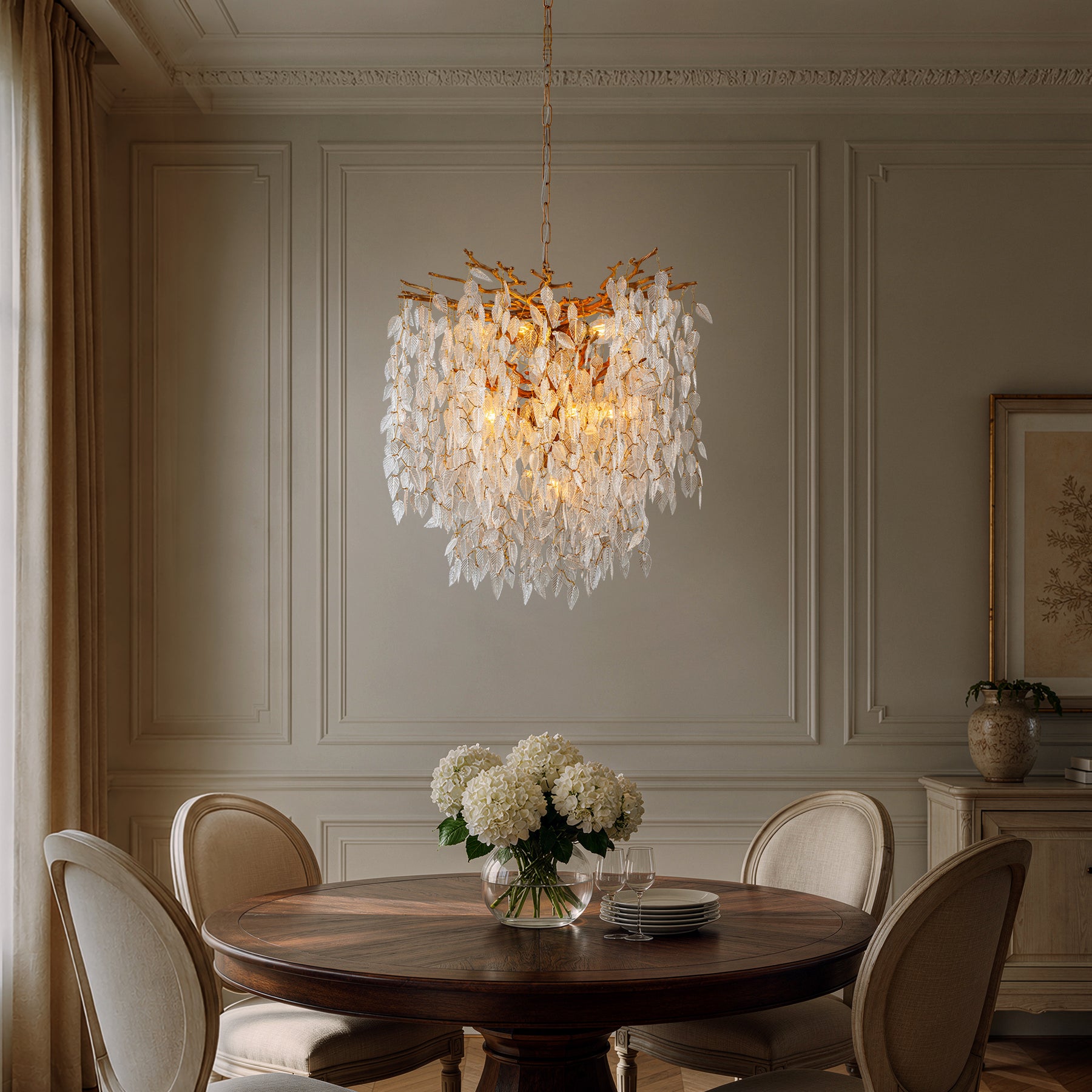 11-Light 22'' Modern Branch Chandelier with Glass Leaves in Painted Brass for Dining Room and Entryway