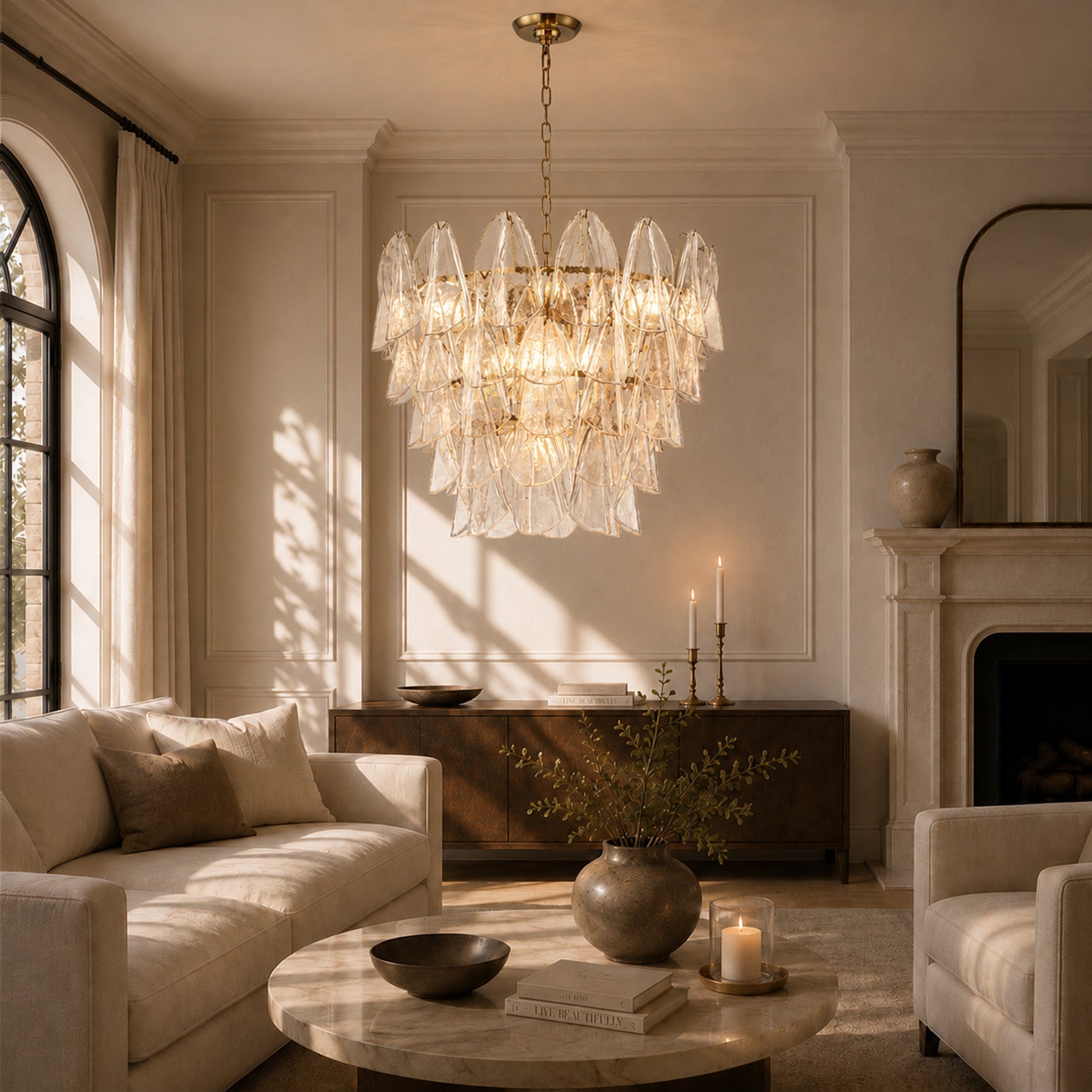 26 in Warm Brass 9-Light Glass Chandelier for Dining Room and Entryway